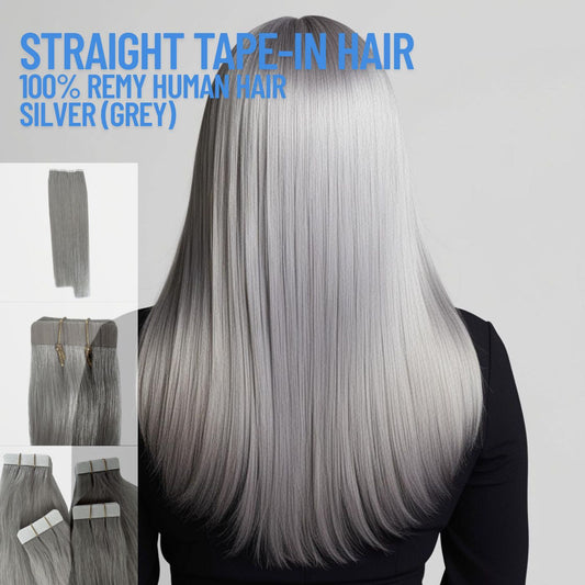 Silver Grey straight tape-in hair extensions made with 100% Remy human hair – smooth reusable adhesive extensions for natural length and volume