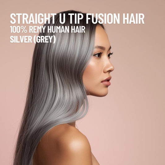 Silver Grey straight u tip fusion hair extensions made with 100% Remy human hair – keratin pre-bonded reusable extensions for natural length and volume