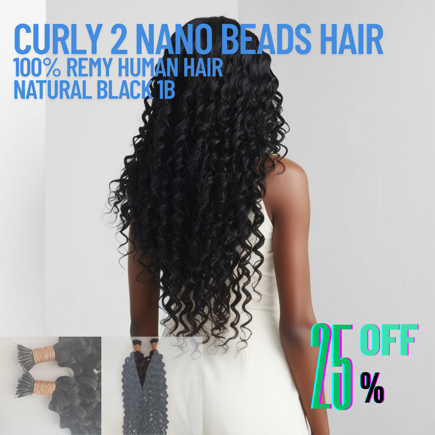 Natural Black #1B Curly 2 Nano Beads Hair Extensions – 100% Remy Human Hair | 50g Pack (50 Strands) | Reusable | Ships from Canada