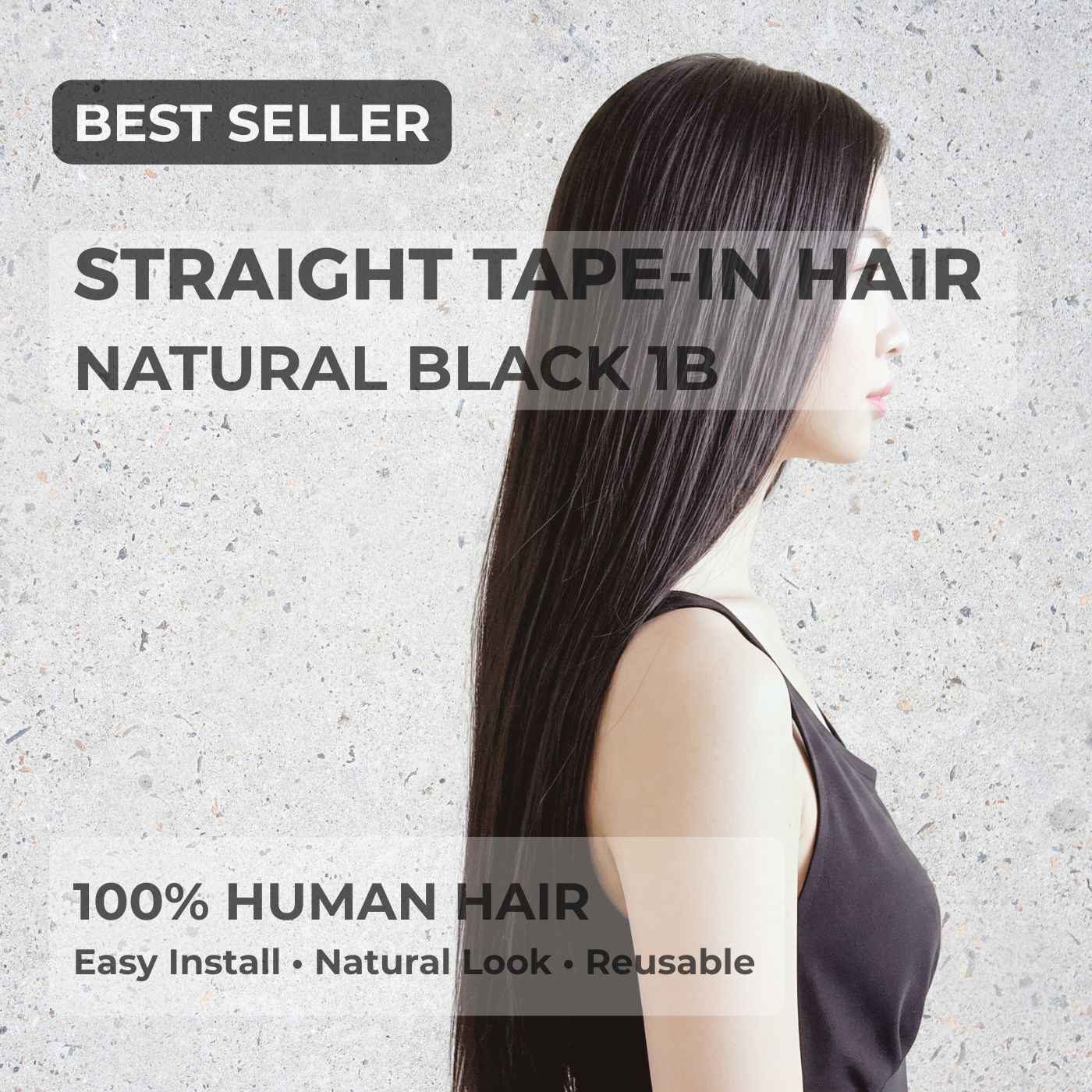 Natural Black #1B tape-in hair extensions, straight human hair, best seller, 100% Remy hair, seamless blend, reusable extensions
