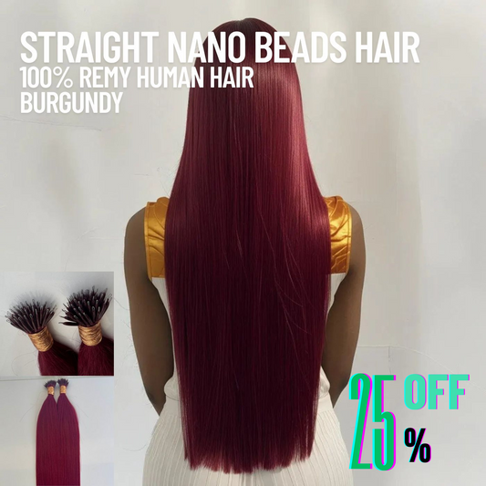 Burgundy Straight Nano Beads Hair Extensions – 100% Remy Human Hair | 50g Pack (50 Strands) | Reusable | Ships from Canada