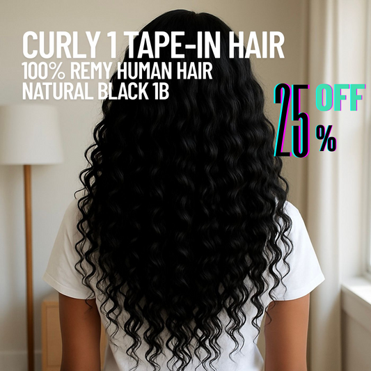 Natural Black #1B Curly 1 Tape-In Hair Extensions – 100% Remy Human Hair | 50g Pack | 10''–30'' | Reusable | Ships from Canada