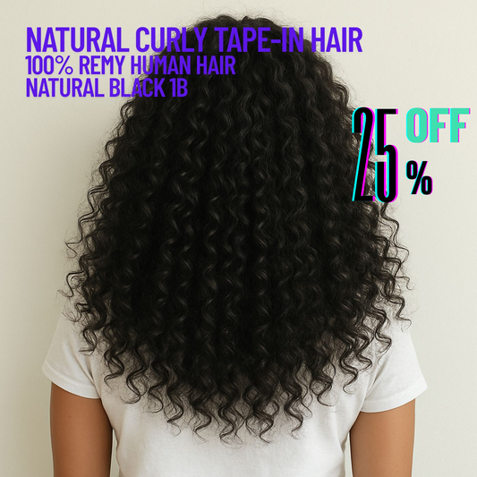 Natural Black #1B Natural Curly Tape-In Hair Extensions – 100% Remy Human Hair | 50g Pack | 10''–30'' | Reusable | Ships from Canada