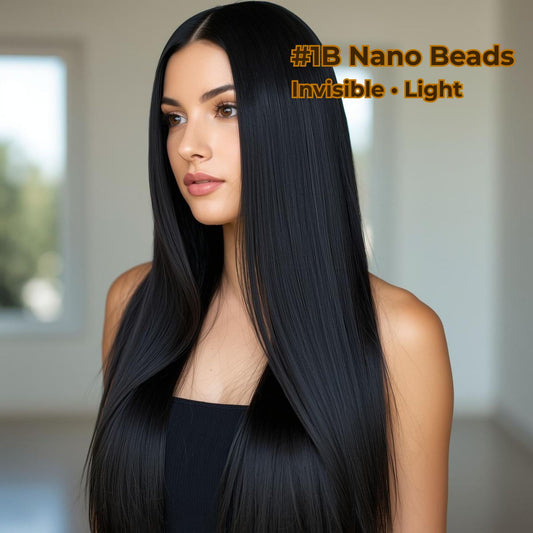 Natural Black #1B Straight Nano Beads Hair Extensions – 100% Remy Human Hair | 50g Pack (50 Strands) | Reusable | Nano-Tip