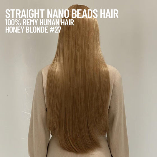 Honey Blonde #27 Straight Nano Beads Hair Extensions – 100% Remy Human Hair | 50g Pack (50 Strands) | Reusable | Nano-Tip