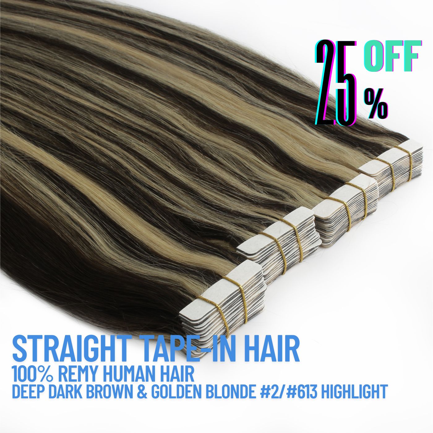 Deep Dark Brown & Golden Blonde Highlight #2/#613 Tape-In Hair Extensions – 100% Remy Human Hair | 20 Tapes (50g) | 10’’–30’’ | Reusable