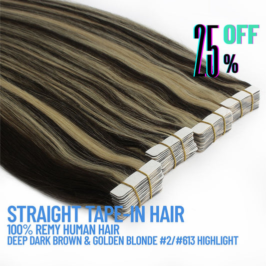 Deep Dark Brown & Golden Blonde Highlight #2/#613 Tape-In Hair Extensions – 100% Remy Human Hair | 20 Tapes (50g) | 10’’–30’’ | Reusable