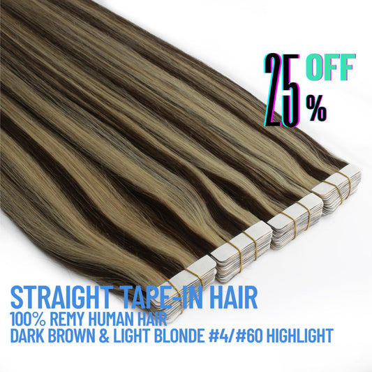 Dark Brown & Light Blonde Highlight #4/#60 Tape-In Hair Extensions – 100% Remy Human Hair | 20 Tapes (50g) | 10’’–30’’ | Reusable