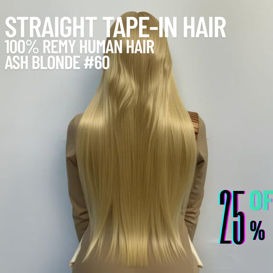 Light Blonde #60 Tape-In Hair Extensions – 100% Remy Human Hair | 20 Tapes (50g) | 10’’–30’’ | Reusable