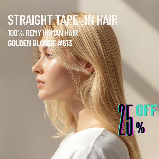 Golden Blonde #613 Tape-In Hair Extensions – 100% Remy Human Hair | 20 Tapes (50g) | 10’’–30’’ | Reusable