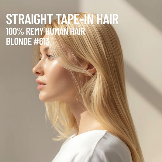 Golden Blonde #613 straight tape-in hair extensions made with 100% Remy human hair – smooth reusable adhesive extensions for natural length and volume
