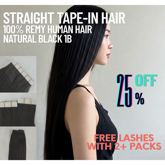 Natural Black #1B Tape-In Hair Extensions – 100% Remy Human Hair | 50g Pack | 10''–30'' | Reusable | Ships from Canada
