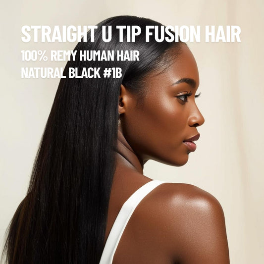 Natural Black #1B straight u tip fusion hair extensions made with 100% Remy human hair – keratin pre-bonded reusable extensions for natural length and volume