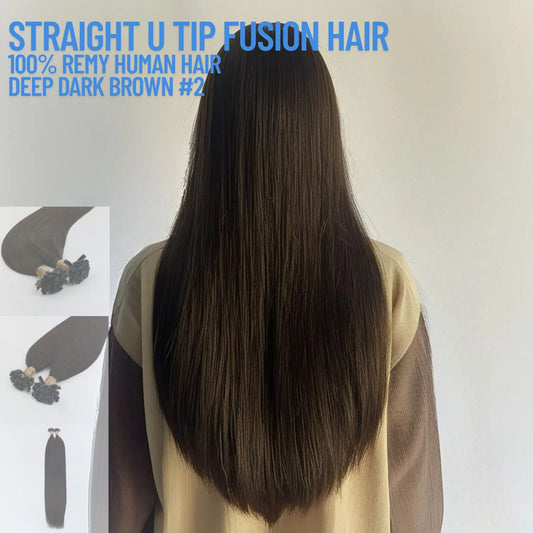 Deep Dark Brown #2 straight u tip fusion hair extensions made with 100% Remy human hair – keratin pre-bonded reusable extensions for natural length and volume
