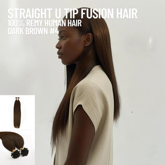 Dark Brown #4 straight u tip fusion hair extensions made with 100% Remy human hair – keratin pre-bonded reusable extensions for natural length and volume